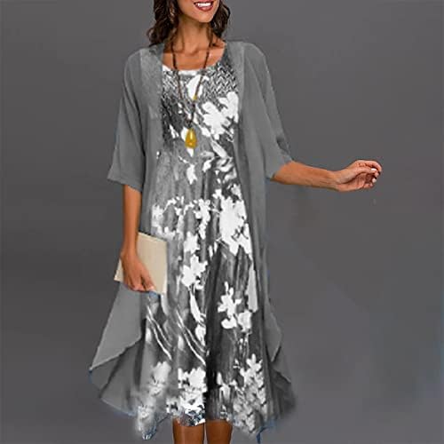 Elbiseler Kadınlar için 2023 Baggy Scoop Boyun Şifon Çiçek Baskılı Midi Yensiz Kokteyl 2 Parça Ceket Elbise Seti