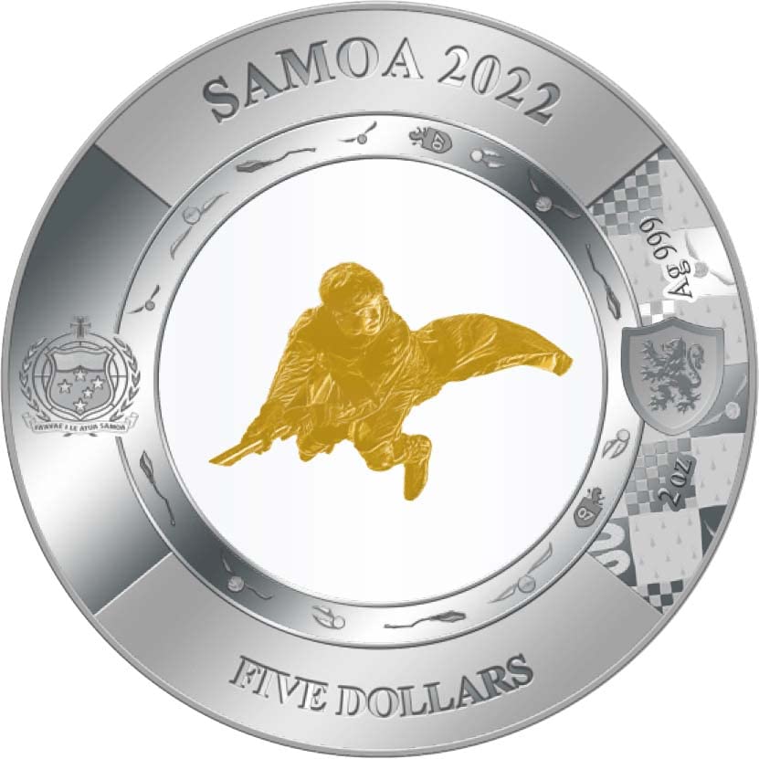 2022 DE Kucaklayan Altın Quidditch PowerCoin Altın Arayıcı Harry Potter 2 Oz Gümüş Sikke 5 $ Samoa 2022 Kanıtı