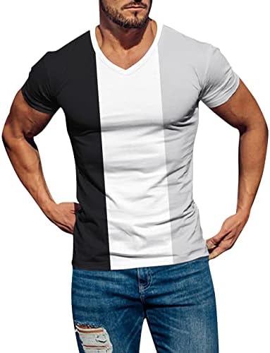 XXBR Erkek kısa kollu tişörtler V Boyun, Yaz Renk Bloğu Patchwork Slim Fit Spor Tee Üstleri Hafif Egzersiz Tshirt