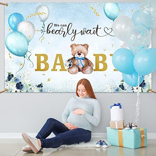 Çocuk için bebek duş dekorasyonu, oyuncak ayı gök mavisi ve beyaz balonlar zemin afiş işareti, bebek duş parti malzemeleri