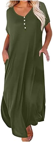 Kadın Kısa Kollu Casual Gevşek Fit Uzun Salon Elbise Yaz Düz Basit Düğme Yaka Elbiseler Cepler ile