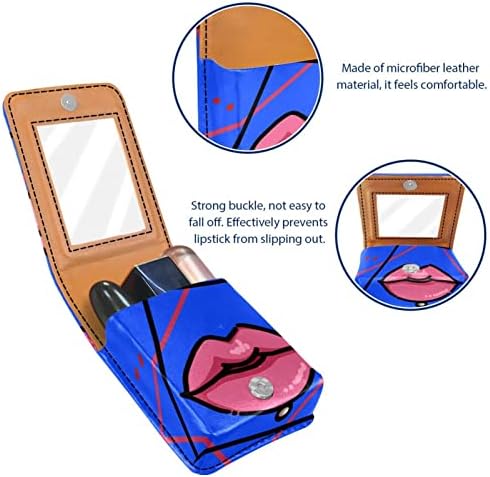 ORYUEKAN Ruj Ayna ile Sevimli Taşınabilir Makyaj Çantası kozmetik çantası, Dudak Karikatür Pembe Mavi Modern Desen