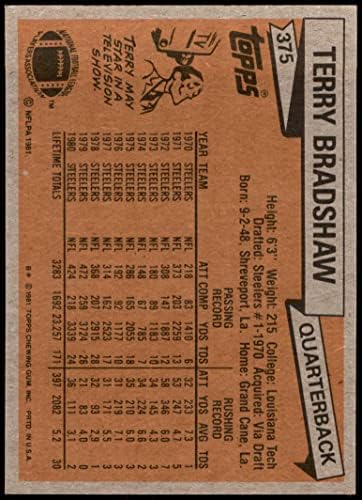 1981 Topps 375 Terry Bradshaw Pittsburgh Steelers (Futbol Kartı) NM / MT Steelers LA Tech