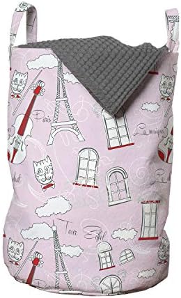 Ambesonne Paris Çamaşır Torbası, Papyonlu Soyut Şehir Görüntüsü Keman Kedisi Eyfel Kulesi İllüstrasyonu, Çamaşırhaneler