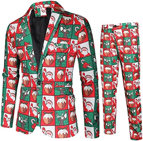 XXBR Noel Takım Elbise Mens için, 2 ADET Çirkin Noel Baba Kar Tanesi Baskı Takım Elbise Ceket Blazers Parti Smokin