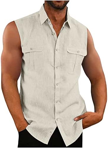 WENKOMG1 Erkek Keten Tank Top Temel kolsuz tişört Hafif Düğme Yukarı düzenli sağlıklı tişört