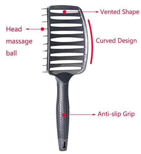 Kavisli Havalandırma Fırçası, Naylon Dolaşık Açıcı Pimli Kuaför Fön Fırçası, Anti-Statik-Gri (2'li Paket)