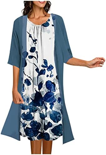 Elbiseler Kadınlar için 2023 Gevşek Fit Şifon Scoop Boyun Çiçek Baskı Midi Sundress 2 Parça Kokteyl Hırka Elbise Seti