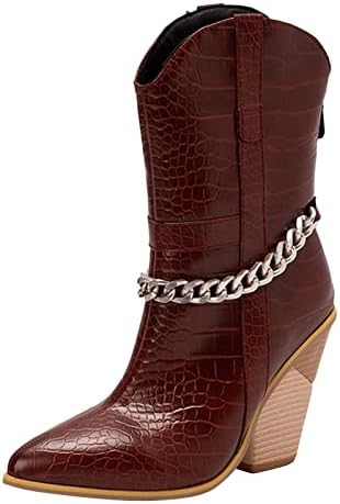 HCJKDU kadın Orta yarım çizmeler Moda Patent Deri Patik Tıknaz Yüksek Topuklu Sivri Taban Geniş Buzağı Ayakkabı Çizme
