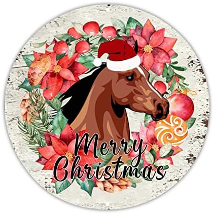 Hoş geldin yazısı Mutlu Çiftlik Noel Yuvarlak Teneke Metal İşareti Noel Şapka At Ökseotu Çelenk İşareti Kar Yağsın