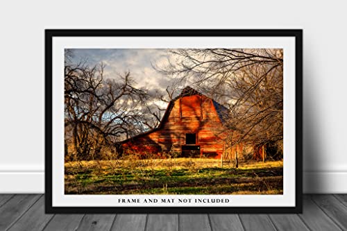 Ülke Fotoğraf Baskı (Çerçeveli Değil) resim Rustik Kırmızı Ahır Geç Sonbahar Günü Oklahoma Çiftlik Duvar Sanatı Çiftlik