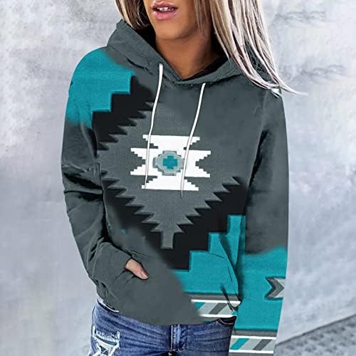 Kadın Aztek Hoodies, Batı Etnik Tarzı Geometrik Baskılı İpli Rahat Kış Cowgirl Kapüşonlu Sweatshirt