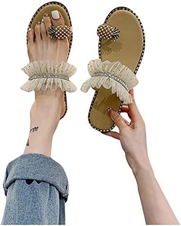 Kadın Kaymaz Flip Flop Bohemian Sandalet Ananas İnci Taklidi Düz Terlik Bir Bant Dantel Terlik