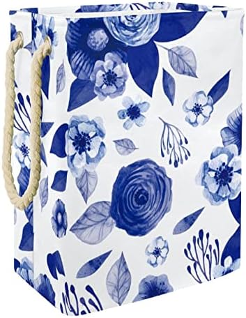 Mavi Suluboya Çiçekler Vintage Çamaşır Bezi Sepet Dahili Astar Ayrılabilir Parantez çamaşır kollu sepet