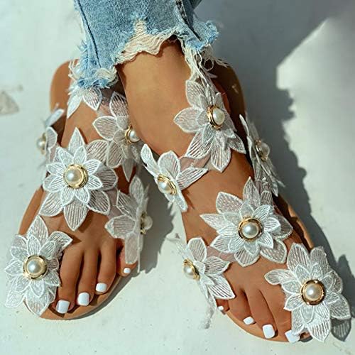 Kadınlar için sandalet Şık Çiçek Dantel Düz Sandalet Burnu açık Rahat Yaz Plaj Boho Sandalet Rahat Roma Flip Flop