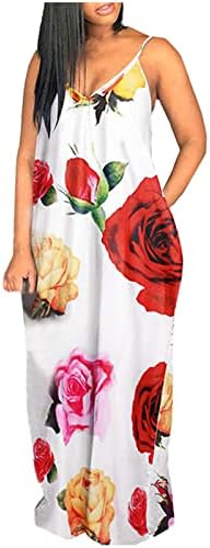 Kadın Çiçek Baskı Maxi Elbise Yaz Kolsuz V Boyun Spagetti Kayışı Elbiseler Polka Dot Moda Rahat uzun elbise