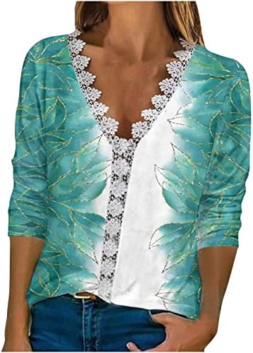 Bayan Yaz Zarif T Shirt V Boyun Tığ İşi Dantel Gömlek Çiçek Baskı 3/4 Kollu Tee Tops 2023 Casual Bluzlar