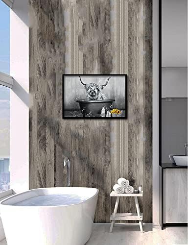 Yayla İnek Duvar Sanatı Komik Banyo Dekor İnek Küvet Resim Siyah ve Beyaz Tuval Baskı Hayvan Poster Longhorn Çiftlik