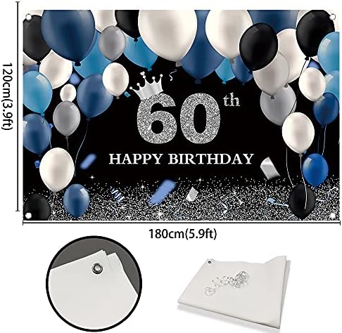 Bellımas Siyah ve Gümüş 60th Doğum Günü Backdrop Lacivert ve Beyaz Balonlar Taç 60 Doğum Günü Partisi Süslemeleri