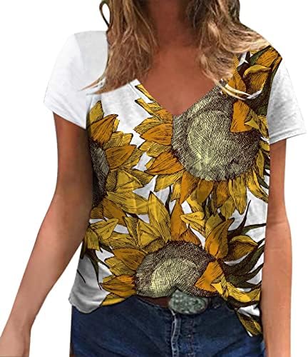 Bayan Casual Tees kadın Yaz Moda Üst Rahat V Boyun Gevşek Kısa Kollu Ayçiçeği Baskı T Shirt Kadın