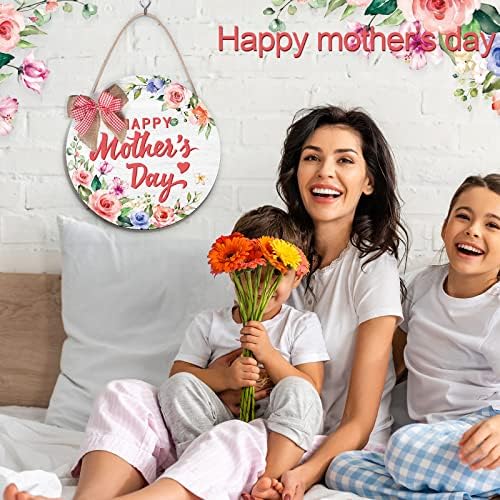 Geetery Mutlu Anneler Günü hoş geldin yazısı Çelenk 12 İnç Yuvarlak Ahşap Asılı Kapı İşareti Anneler Günü Ön Kapı