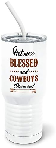PixiDoodle Hot Mess Blessed ve Cowboys Obsessed-Dökülmeye Dayanıklı Sürgü Kapaklı ve Silikon Pipetli Bardak (20 oz