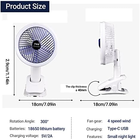 Kamp Klip Fan ile LED, Taşınabilir USB Şarj Edilebilir Sessiz Fan ile 4 Rüzgar Hızı, Klip Olabilir/Aydınlatmak/Asılı