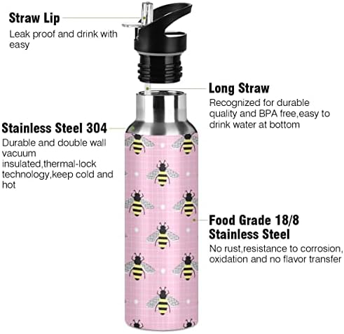 Glaphy Sevimli Arılar Ekose Pembe Hasır Kapaklı Su Şişesi, BPA İçermez, 32 oz Su Şişeleri Yalıtımlı Paslanmaz Çelik,