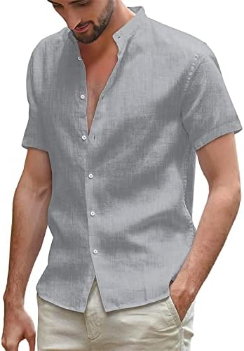 Erkek Düğmeli Çizgili Elbise Gömlek Keten Bant Yaka Hafif Üst Rahat Yaz Plaj Kısa Kollu