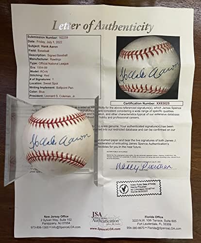 Hank Aaron İmzalı Resmi Ulusal Lig (ONL) Beyzbolu İmzaladı-Tam JSA COA