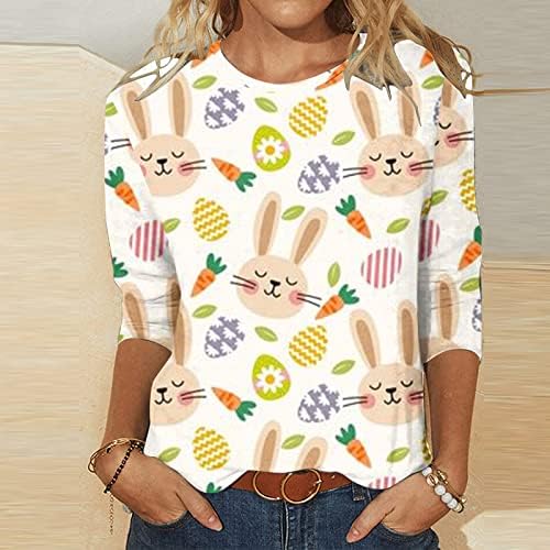 Paskalya Gömlek kadın Yaz 3/4 Kollu T-Shirt Komik Tavşan Yumurta Grafik Tees Gömlek Gevşek Rahat Üst Kazaklar