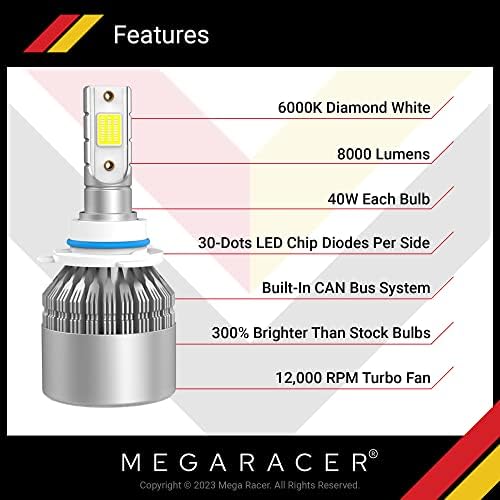 Mega Racer 9005 / HB3 LED Far Ampuller-6000 K Elmas Beyaz, 12 V 40 W 8000 Lümen, dahili CANbus, LED Cips, IP68 Su