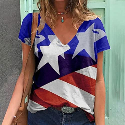 Bluz Kızlar Kısa Kollu V Boyun Amerikan Bayrağı Grafik Salonu Gevşek Fit Büyük Boy Bluz Tshirt Bayan QR