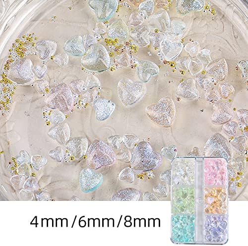 SANNXIX 3D Aurora Kalp Tırnak Takılar, 200 Adet Parlak Kalp Tırnak Sanat Taşlar 6 Renkler Kristal Glitter sevgililer