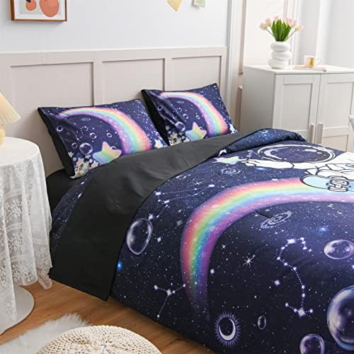 Güzel Bir Gece Galaxy Yorgan Seti, Uzay Astronotu Kaykay, Renkli Gökkuşağı Kravat Boya Takımyıldızı Baskılı, Çocuklar