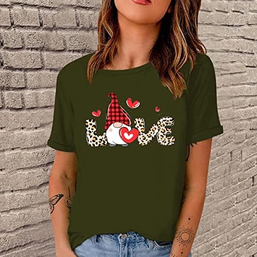 Sevgililer Gömlek Kadınlar için Ekose Cüceler Leopar Aşk Kalpler T Shirt Sevimli Gnome Kalp grafikli tişört Kısa Kollu