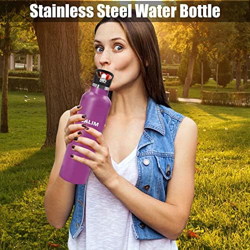 Saman ile paslanmaz çelik su şişesi. Yalıtımlı çift cidarlı 1L termos, içecekleri 12 saate kadar sıcak ve 24 saate