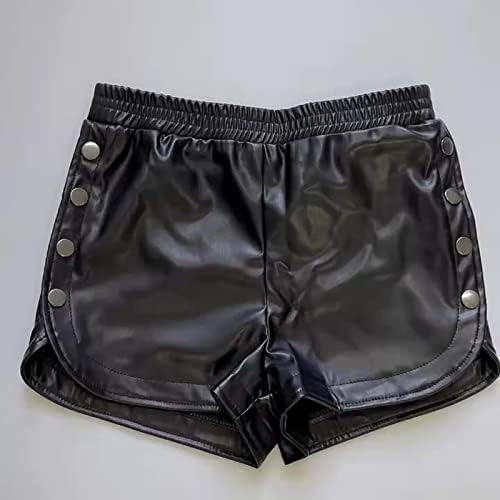 Kadın Şort Sıcak Pantolon PU Suni Deri Siyah Orta Bel Rahat Haftasonu Mikro Elastik Kısa Konfor Düz Bayan