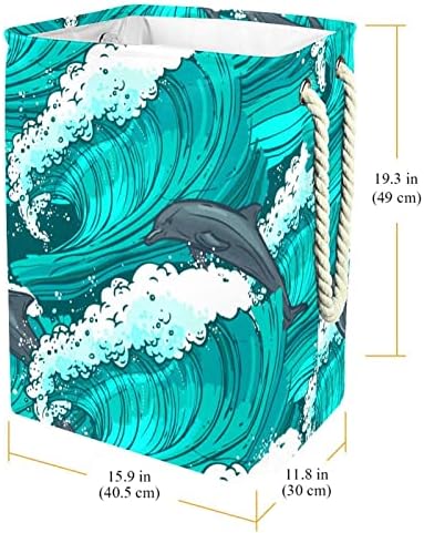 Deniz Dalgaları Yeşil Desen Sanat Çamaşır Bezi Sepet Dahili Astar Ayrılabilir Parantez çamaşır kollu sepet