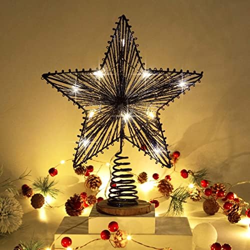 Noel ağacı Topper yıldız sıcak beyaz led ışık ile 10 inç mavi ışıltılı içi boş tel yıldız Topper, ev şenlikli parti