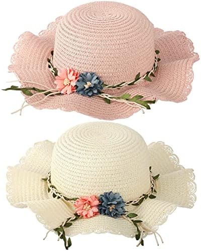 2 Adet Kız Çocuklar yazlık hasır şapka Geniş Ağızlı Kızlar hasır güneş şapkası UV Koruma güneş şapkası Çiçek plaj