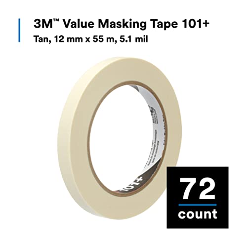 3M Value Masking Tape 101+, Ten Rengi, Kullanımı kolay, Uygun maliyetli, Krep Kağıt Bant, 12 mm x 55 m, 5,1 mil, 72