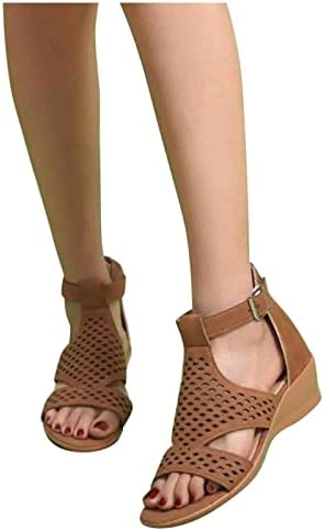 Kadınlar için sandalet Kama Cut Out Peep Düz Sandalet Toka ile Ayarlanabilir Kayış Yaz Plaj Şık Ayak Bileği Sandalet