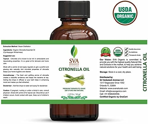 SVA Organics Citronella Esansiyel Yağı Organik USDA 1 Oz Saf Doğal Terapötik Sınıf Yağ Cilt, Vücut, Difüzör, Mum Yapımı