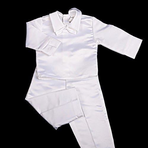 Şık Papatya Bebek Erkek Vaftiz Vaftiz Giyim Kıyafet Beyaz Saten Takım Elbise 4 Parça Set Kaput ile Uzun Kollu