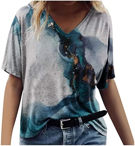 pbnbp Bluzlar Kadınlar için Baskılı Yenilik Kısa Kollu V Boyun yazlık gömlek Mermer Gevşek Fit Moda Tunik Blusas Tops