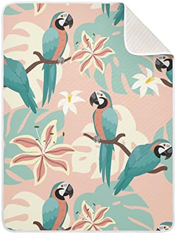 Kundak Battaniyesi Papağanlar Tropikal Yapraklar Bebekler için Pamuklu Battaniye, Battaniye Alma, Beşik için Hafif