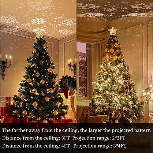 AHCCSD Noel Ağacı Topper, 10 İnç Noel Ağacı Altın Yıldız ile ışıklı Led Dönen Sihirli Kar Tanesi Projektör 3D Hollow