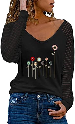 KCJGİKPOK Kadınlar Casual Uzun Kollu Gömlek, çiçek Baskı Mesh Splice Kollu V Boyun Grafik Tees Gevşek Bluz Tops Bahar