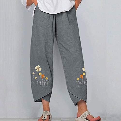 %2023 Pamuk Keten Pantolon, Bayan Şık Rahat Geniş Bacak Palazzo Yoga Kapriler Çiçek Baskı Moda dökümlü cepli pantolon